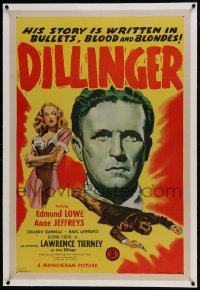 6a269 DILLINGER linen 1sh 1945 Lawrence Tierney's story is written in bullets, blood & blondes!