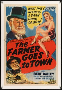 6a286 FARMER GOES TO TOWN linen 1sh 1943 what Australia needs is a darn good laugh, sexy art!