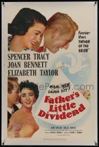 6a287 FATHER'S LITTLE DIVIDEND linen 1sh 1951 art of Elizabeth Taylor, Spencer Tracy & Joan Bennett!