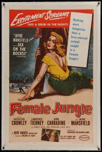 6a289 FEMALE JUNGLE linen 1sh 1956 a love-starved animal's red lips framed him, bullets claimed him!