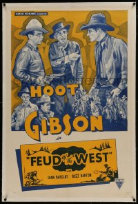 6a290 FEUD OF THE WEST linen 1sh R1940s great art of cowboy Hoot Gibson pointing gun at bad guy!