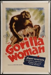 6a317 GORILLA WOMAN linen 1sh 1940s wonderful art of giant African ape holding sexy near-naked babe!
