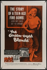 6a322 GREEN-EYED BLONDE linen 1sh 1957 sexy smoking bad girl Susan Oliver in tight sweater & jeans!
