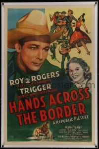 6a329 HANDS ACROSS THE BORDER linen 1sh 1943 great art of cowboy Roy Rogers, Trigger & Ruth Terry!