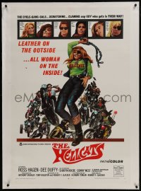 6a335 HELLCATS linen 1sh 1968 wild art of female biker who is leather on the outside but all woman!