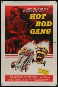 6a341 HOT ROD GANG linen 1sh 1958 fast cars, crazy kids, art of teens in dragsters & dancing girl!