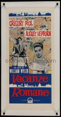 6a108 ROMAN HOLIDAY linen Italian locandina R1990s Audrey Hepburn & Gregory Peck on Vespa over map!