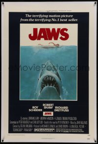 6a353 JAWS linen 1sh 1975 art of Steven Spielberg's classic man-eating shark attacking swimmer!