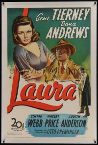 6a369 LAURA linen 1sh 1944 art of Dana Andrews between Gene Tierney & Vincent Price, classic noir!