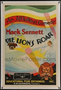 6a371 LION'S ROAR linen 1sh 1928 Mack Sennett, first all-talking comedy short, art of Numa the Lion!