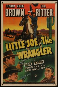 6a372 LITTLE JOE, THE WRANGLER linen 1sh 1942 cowboy Tex Ritter on horse & Fuzzy Knight, rare!