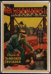 6a382 MASKED MARVEL linen chapter 1 1sh 1943 great art of The Masked Crusader, Republic serial!