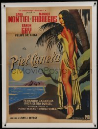 6a080 PIEL CANELA linen Mexican poster 1953 Juanino art of sexy tropical Sara Montiel by the ocean!