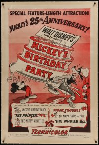 6a383 MICKEY'S BIRTHDAY PARTY linen 1sh 1953 Walt Disney, featuring 6 all-time cartoon favorites!