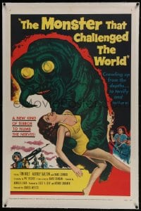 6a386 MONSTER THAT CHALLENGED THE WORLD linen 1sh 1957 great artwork of the creature & its victim!