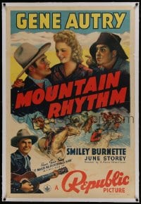 6a388 MOUNTAIN RHYTHM linen 1sh 1939 great of Gene Autry w/guitar, June Storey & Smiley Burnette!