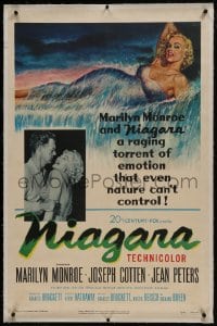 6a390 NIAGARA linen 1sh 1953 classic art of giant sexy Marilyn Monroe on famous waterfall + photo!