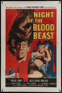 6a392 NIGHT OF THE BLOOD BEAST linen 1sh 1958 art of sexy girl & monster hand holding severed head!