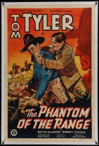6a403 PHANTOM OF THE RANGE linen 1sh 1936 art of Tom Tyler fighting one guy & choked by another!