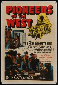 6a405 PIONEERS OF THE WEST linen 1sh 1940 3 Mesquiteers, Robert Livingston, cool western art!