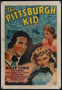 6a407 PITTSBURGH KID linen 1sh 1941 art of boxer Billy Conn & Jean Parker w/phones & newspapers!