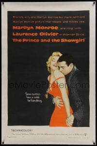 6a410 PRINCE & THE SHOWGIRL linen 1sh 1957 Laurence Olivier nuzzles sexy Marilyn Monroe's shoulder!