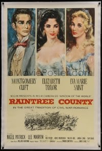 6a416 RAINTREE COUNTY linen 1sh 1957 art of Montgomery Clift, Elizabeth Taylor & Eva Marie Saint!