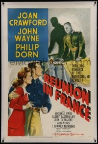 6a421 REUNION IN FRANCE linen style D 1sh 1942 art of John Wayne & Joan Crawford, Jules Dassin