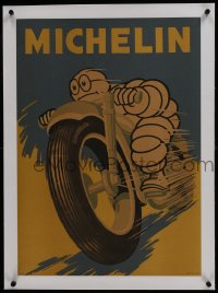 6a046 MICHELIN linen 19x27 Italian advertising poster 1959 cool art of Michelin Man on motorcycle!