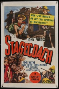 6a451 STAGECOACH linen 1sh R1948 John Wayne in the classic movie that made him a huge star!