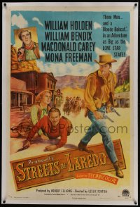 6a460 STREETS OF LAREDO linen 1sh 1949 art of smoking cowboy William Holden, Bendix, Carey, Freeman!