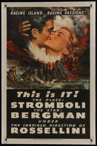 6a461 STROMBOLI linen 1sh 1950 Ingrid Bergman, directed by Roberto Rossellini, cool volcano art!