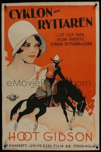 6a129 LONG LONG TRAIL linen Swedish 1930 art of cowboy Hoot Gibson on horse & pretty Sally Eilers!