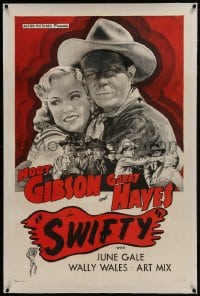 6a468 SWIFTY linen 1sh R1940s great art of cowboy Hoot Gibson with June Gale & fighting bad guys!