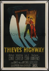 6a476 THIEVES' HIGHWAY linen 1sh 1949 art of trucker Richard Conte & Valentina Cortese, Jules Dassin