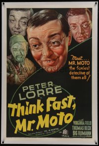 6a478 THINK FAST MR. MOTO linen 1sh 1937 art of Peter Lorre, the foxiest detective of them all!