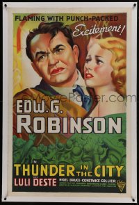 6a482 THUNDER IN THE CITY linen 1sh R1944 art of Edward G. Robinson & Luli Deste over crowd!