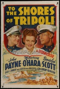 6a486 TO THE SHORES OF TRIPOLI linen 1sh 1942 art of Maureen O'Hara, Payne & Randolph Scott, Marines