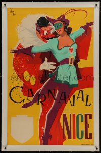 6a037 CARNAVAL DE NICE linen 24x39 French travel poster 1955 Jean Luc art of a costumed dancers!