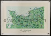 6a038 LA NORMANDIE FRANCE linen 26x39 French travel poster 1955 Hetreau art of the region's map!