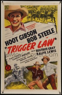 6a492 TRIGGER LAW linen 1sh 1944 western art of cowboys Hoot Gibson & Bob Steele!