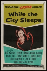 6a502 WHILE THE CITY SLEEPS linen 1sh 1956 great image of Lipstick Killer's victim, Fritz Lang!