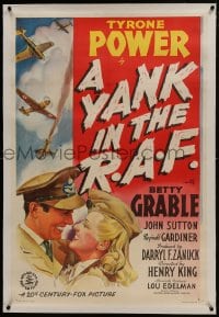 6a511 YANK IN THE R.A.F. linen 1sh 1941 art of smiling Tyrone Power & Betty Grable in uniform