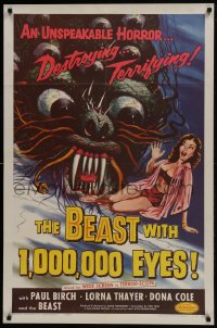 6b041 BEAST WITH 1,000,000 EYES 1sh 1955 great art of monster attacking sexy girl by Albert Kallis!