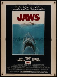 6c243 JAWS 30x40 1975 art of Steven Spielberg's man-eating shark attacking swimmer, ultra rare!