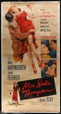 6c041 MISS SADIE THOMPSON linen 2D 3sh 1953 different art of sexy Rita Hayworth being carried!