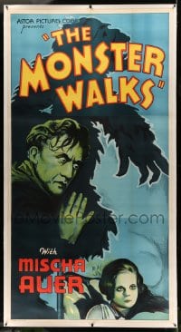 6c043 MONSTER WALKS linen 3sh R1938 cool artwork of crazed Mischa Auer & menacing gorilla silhouette!