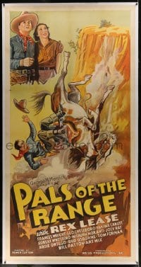 6c045 PALS OF THE RANGE linen 3sh 1935 art of cowboy Rex Lease falling from his horse, ultra rare!