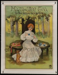 6c060 MAZAWATEE TEA COMPANY linen 30x40 English advertising poster 1920s lady drinking tea by dog!