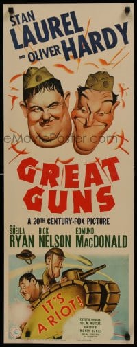 6c211 GREAT GUNS insert 1941 cool art of Stan Laurel & Oliver Hardy c/u & in tank, ultra rare!